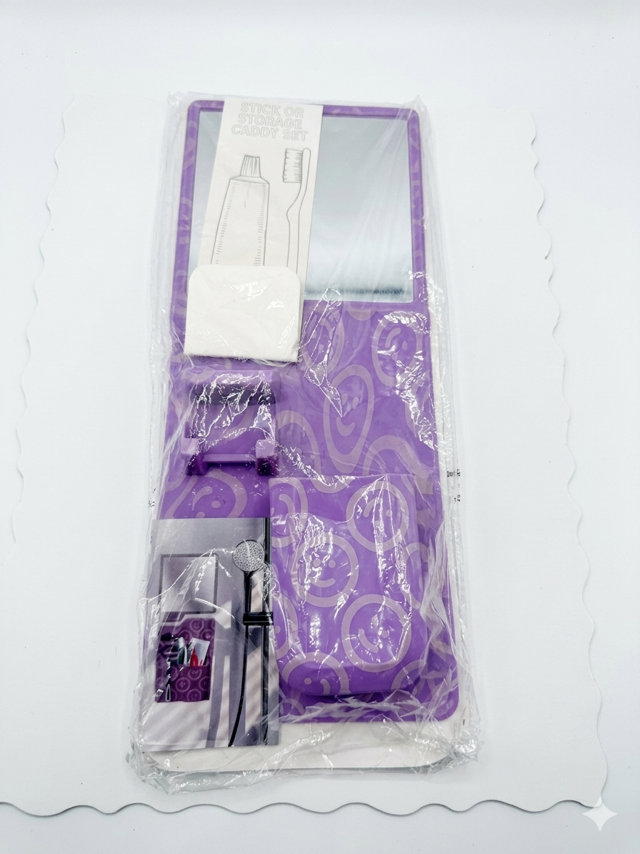 Stick On Mirror & Shower Caddy Set – Purple Smiley Face