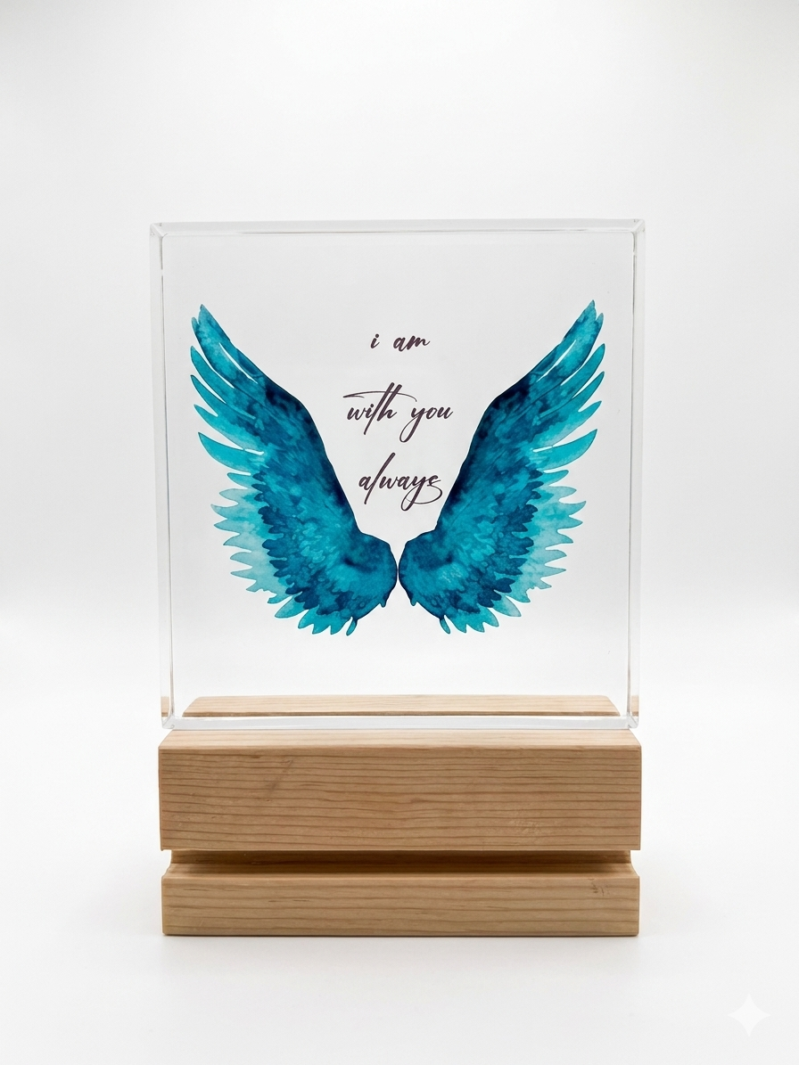 "I Am With You Always" Angel Wings Acrylic Plaque with Wood Base