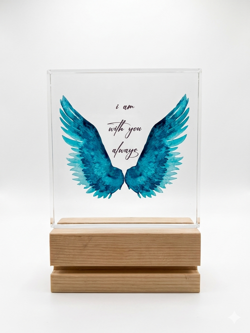 "I Am With You Always" Angel Wings Acrylic Plaque with Wood Base