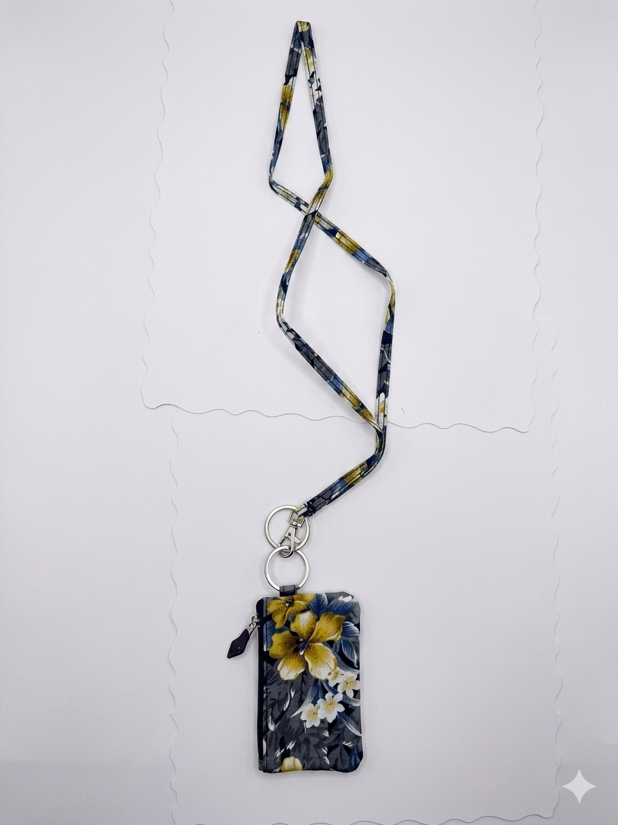 Floral Lanyard with Zip Coin Pouch – Gray Hibiscus