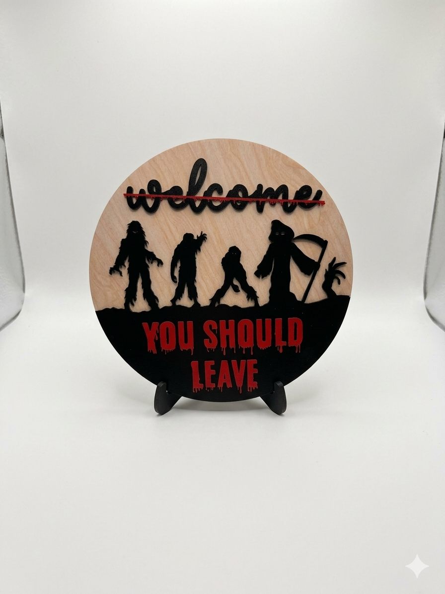 'You Should Leave' Zombie Welcome Sign – Round Wood Door Hanger