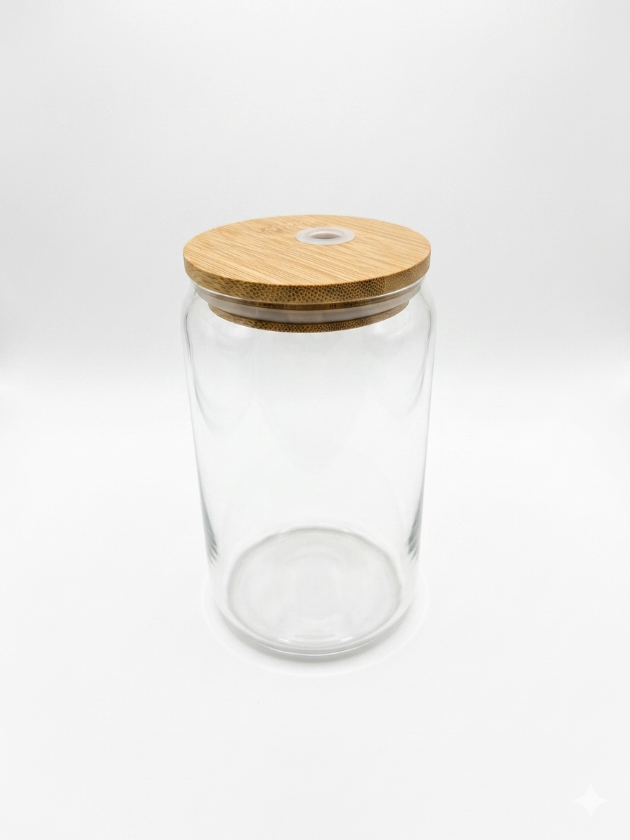 Glass Can-Shaped Cups with Bamboo Lids –