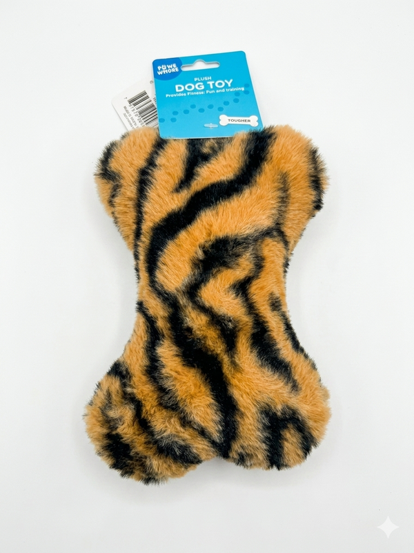 Plush Tougher Dog Toy – Tiger Print Bone