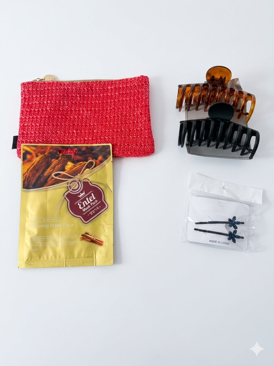 Coral Knit Pouch Hair & Mask Bundle