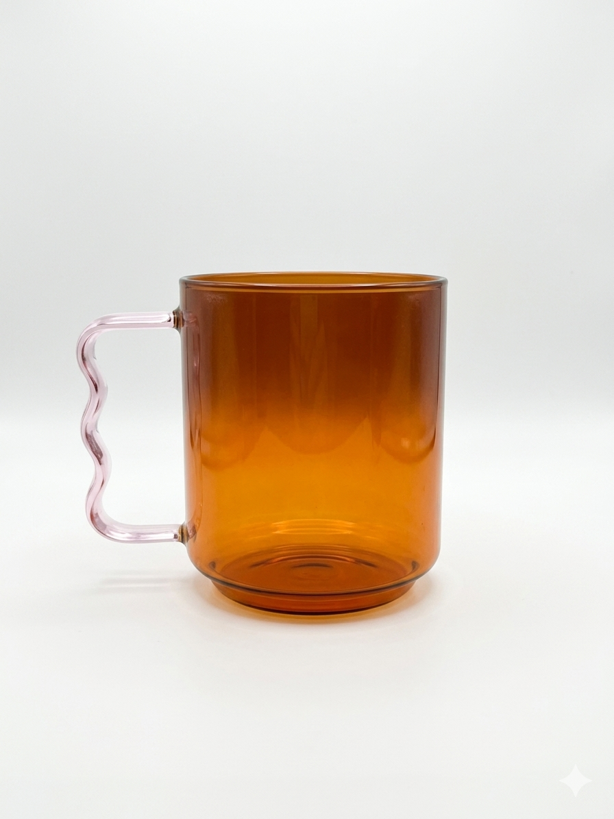 Amber Glass Mug with Pink Wavy Handle