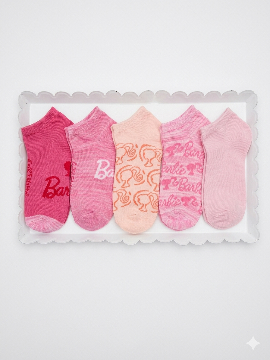 Barbie Kids No-Show Socks – 5 Pairs, Size M (Shoe 9-2.5)