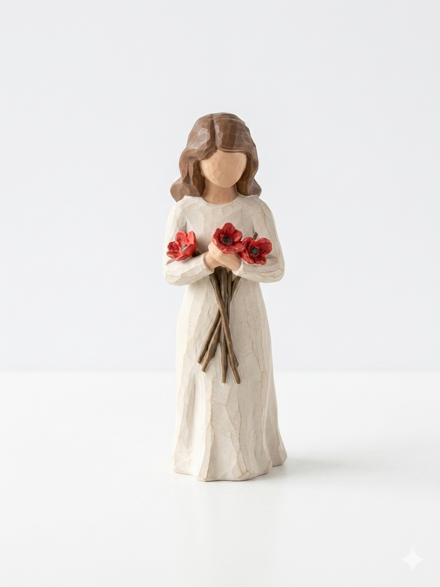 Hand-Painted Sentiment Figurine – Woman Holding Red Poppies