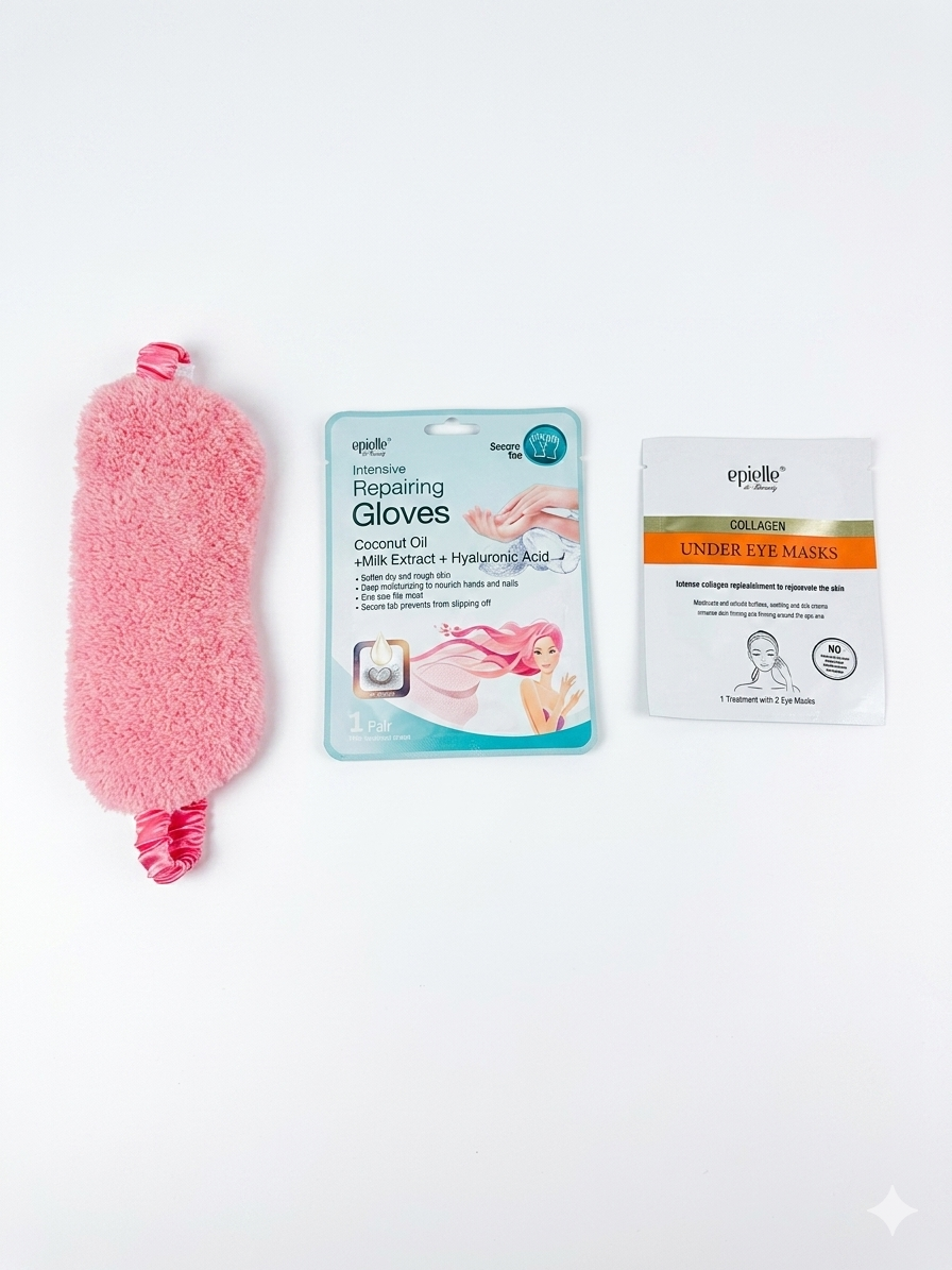 Pink Pamper Set – Fuzzy Sleep Mask, Repairing Gloves & Eye Masks