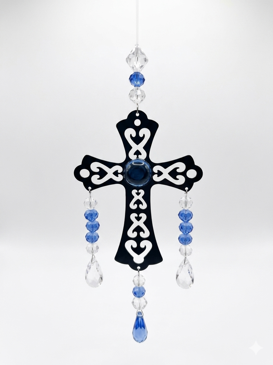 Blue Crystal Beaded Cross Ornament – Black Scrollwork