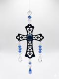 Blue Crystal Beaded Cross Ornament – Black Scrollwork