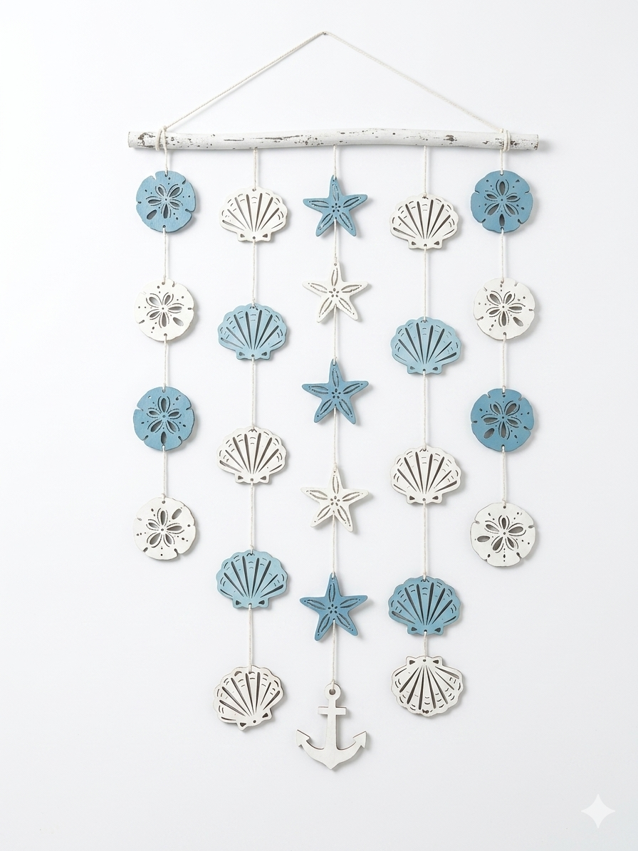 Coastal Seashell Wall Hanging – Blue & White Driftwood