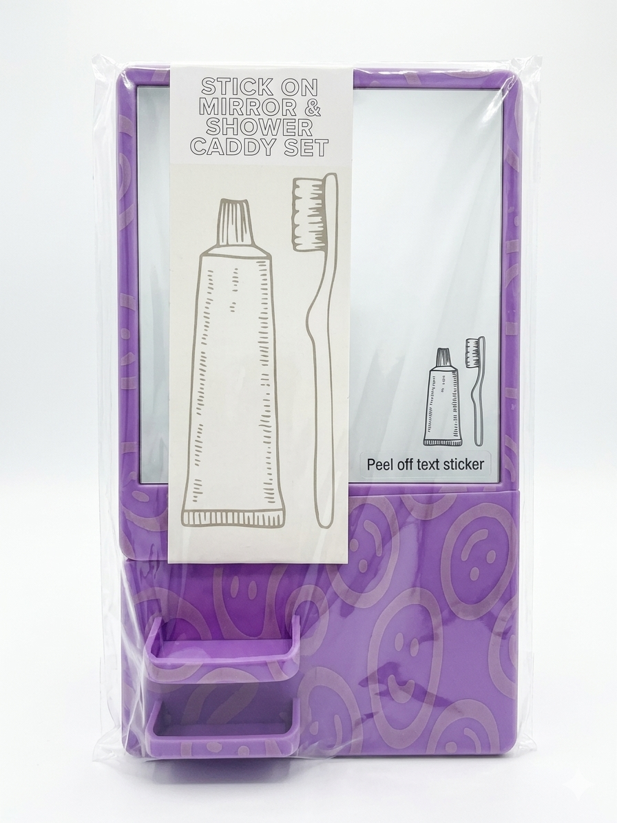 Stick On Mirror & Shower Caddy Set – Purple Smiley Face