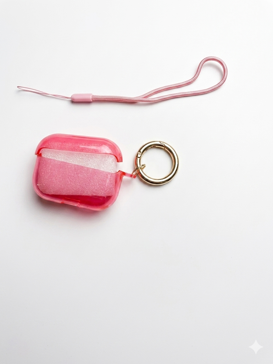 Pink Glitter AirPods Pro Case with Wrist Lanyard & Gold Ring Clasp