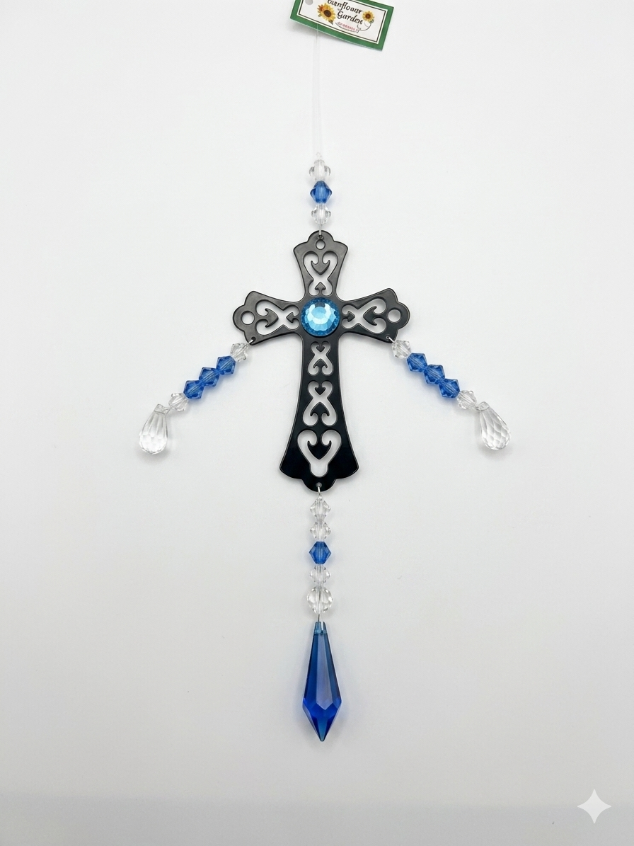 Blue Crystal Beaded Cross Ornament – Black Scrollwork