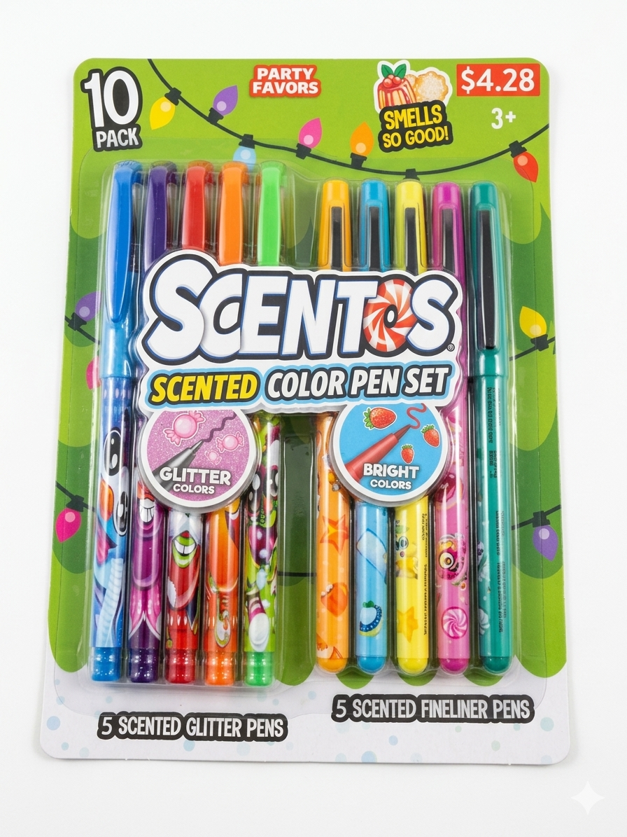 Scentos Scented Color Pen Set – 10-Pack, Glitter & Fineliner