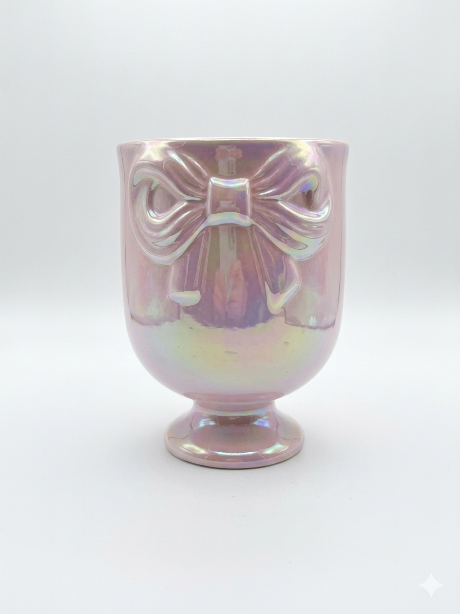 Iridescent Pink Bow Ceramic Cup