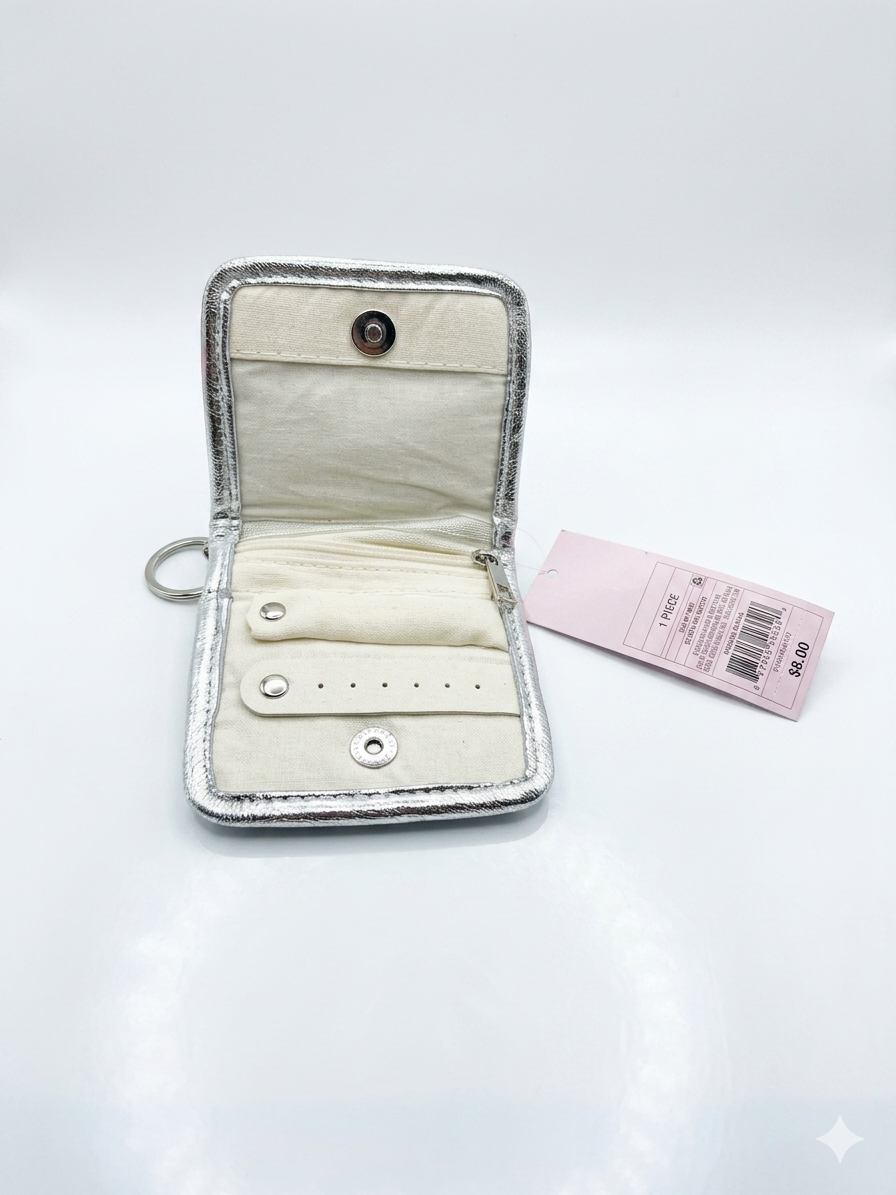 Silver Metallic Mini Zip Wallet Keychain with Bow Clip