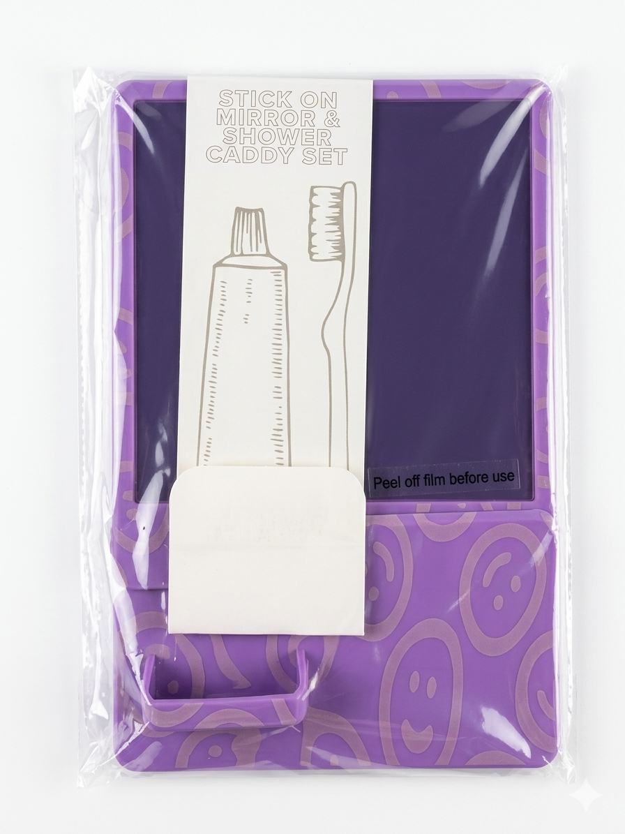 Stick On Mirror & Shower Caddy Set – Purple Smiley Face