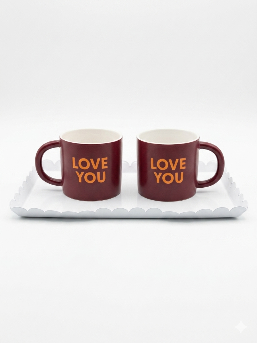 "Love You" Stoneware Mug Set – 2 Burgundy Mugs
