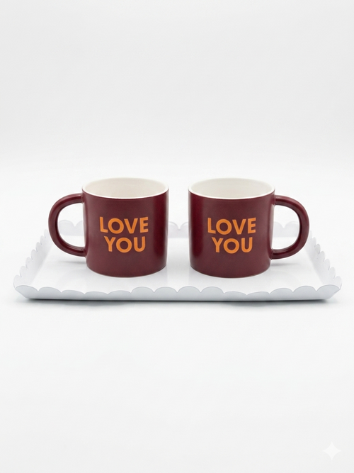 "Love You" Stoneware Mug Set – 2 Burgundy Mugs
