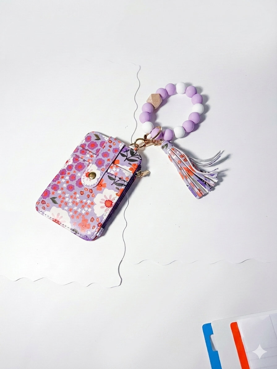 Purple Floral Wristlet Wallet Keychain with Lanyard