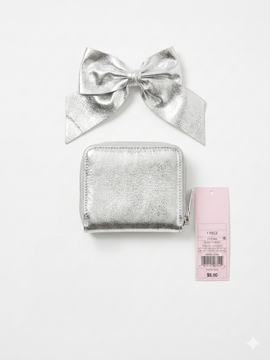 Silver Metallic Mini Zip Wallet Keychain with Bow Clip