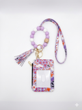 Purple Floral Wristlet Wallet Keychain with Lanyard