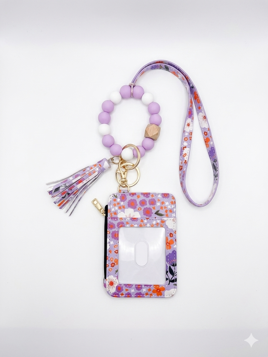 Purple Floral Wristlet Wallet Keychain with Lanyard